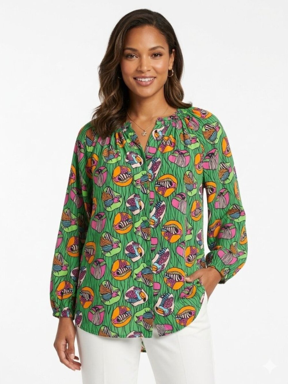 Tucker Silk Blouse Top Sz M Green Abstract Bird Print Smocked Neck Tunic‎ Boho